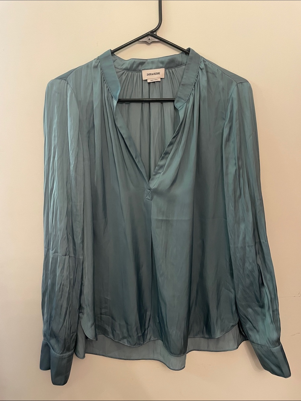 Zadig & Voltaire Teal Tink Satin V-Neck Blouse Size Small